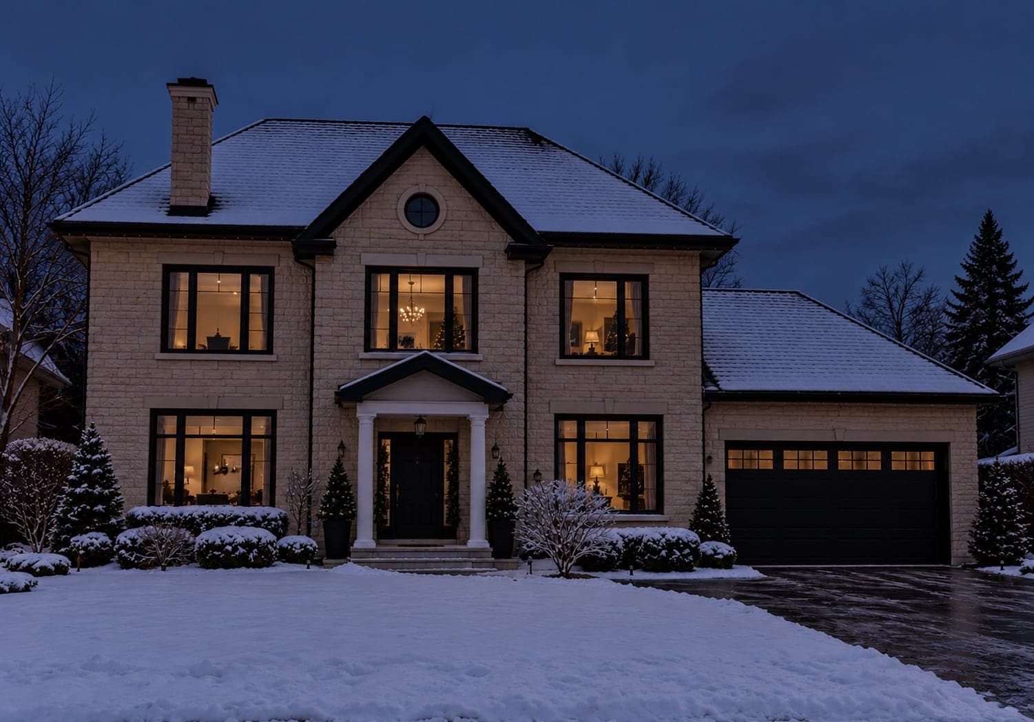 Before: The same snowy home at dusk without holiday lighting