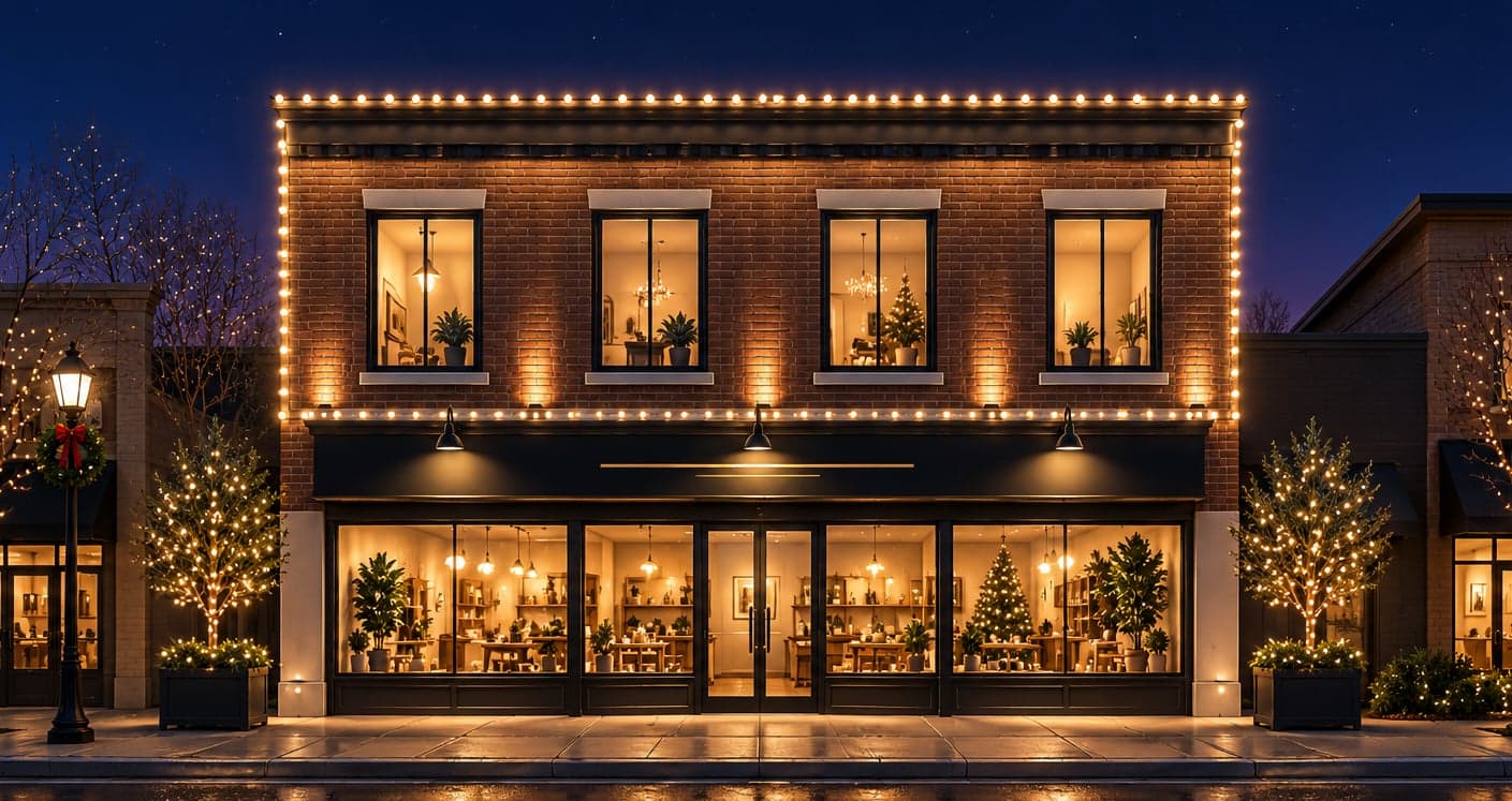 Illustration: two-storey brick storefront outlined in warm white, with lit trees in planters at the entrance