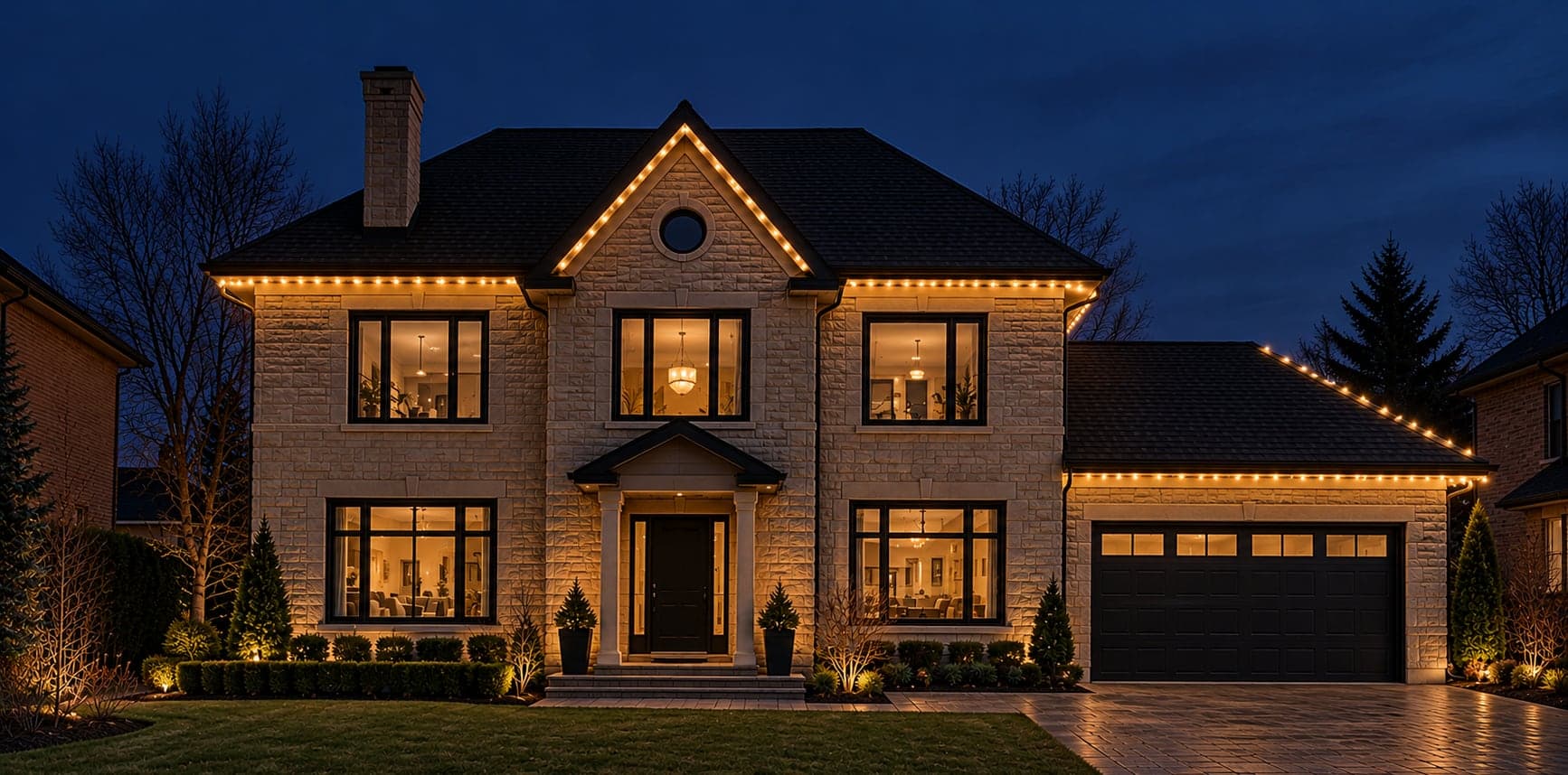 The same home at night with warm-white permanent lighting along the rooflines and soft landscape lighting
